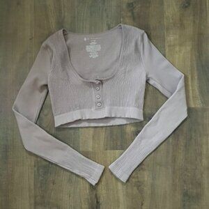 FP Movement by Free People Cropped Ribbed Button Front Sweater XS Taupe Long Sle